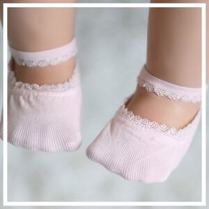 Baby Girl Lace Ankle Strap Pink Socks Anti-Skid Bootie Photo Prop Accessory 0-3M